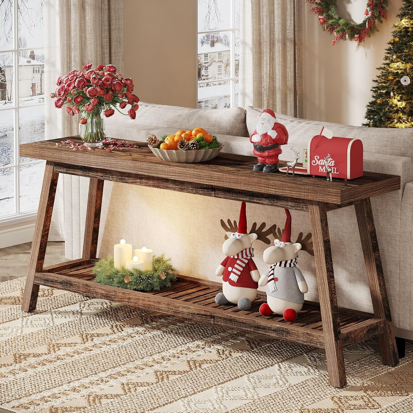 70.86-Inch Console Table for Entyrway, Farmhouse 2-Tier Entry Entrance Table, Narrow Long Sofa Table behind Couch, Rustic Brown