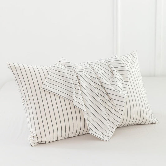 Bedding Pillowcases Striped Pack of 2 100% Washed Cotton Linen like Textured Breathable Durable Soft Comfy (White Dark Grey Wide Stripes, King)
