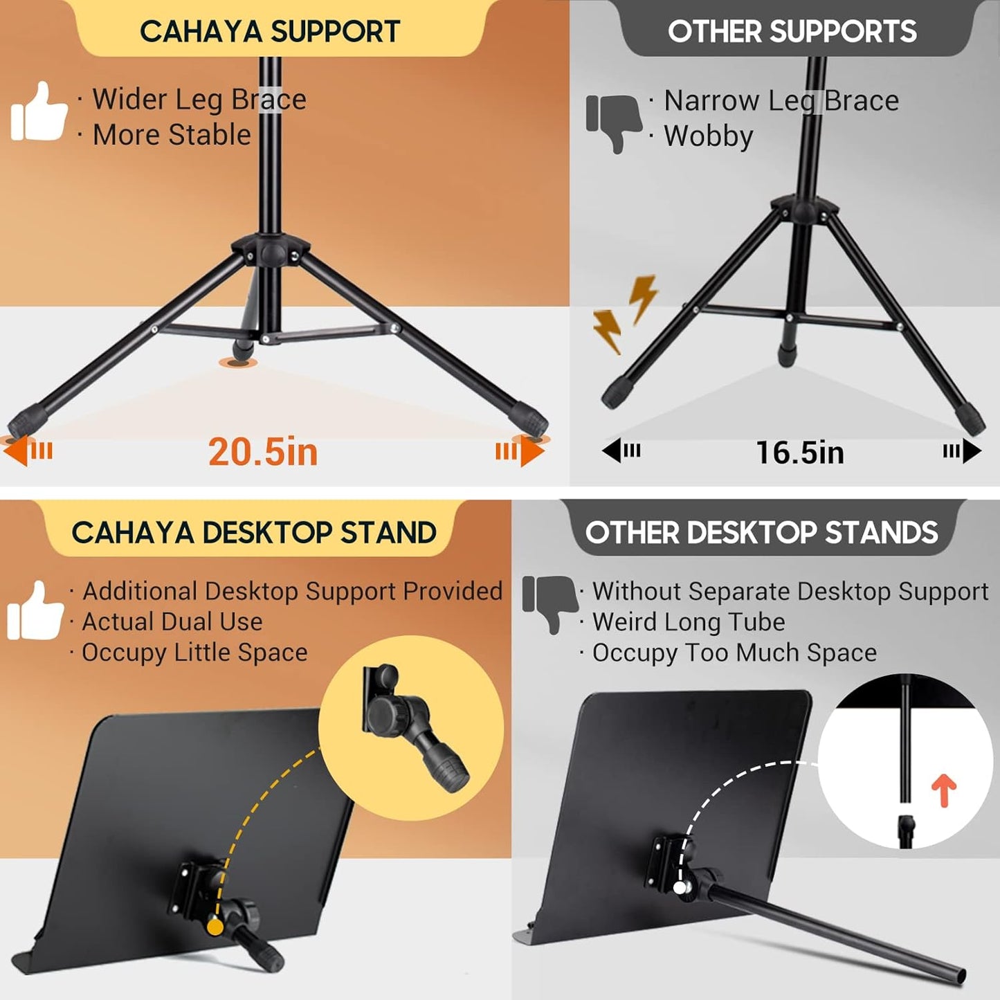 Dual Use Sheet Music Stand with Clamp-On Tray & Desktop Book Stand with Carrying Bag, Sheet Music Folder, Music Stand with Shelf, and Clip for Guitar, Ukulele, Violin Players CY0194+CY0320