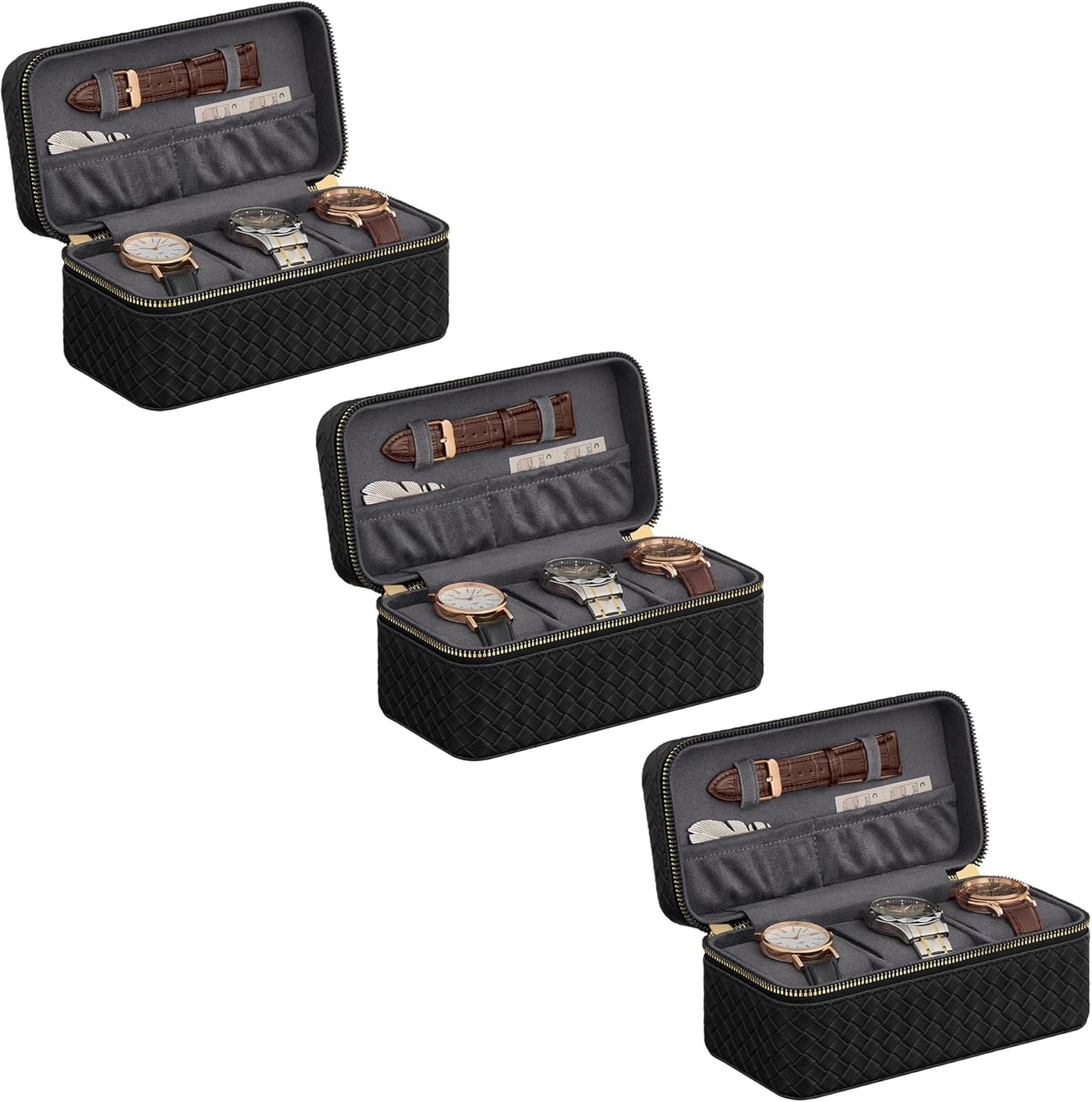 HOME RONNE Collection - 3 Watch Travel Cases, Pack of 2, 3-Slot Watch Boxes, Woven Embossed PU Leather, 3.9 X 7.9 X 3.5 Inches, Gift Idea, Ink Black Surface, Ink Black Lining UJWB017B01-2J