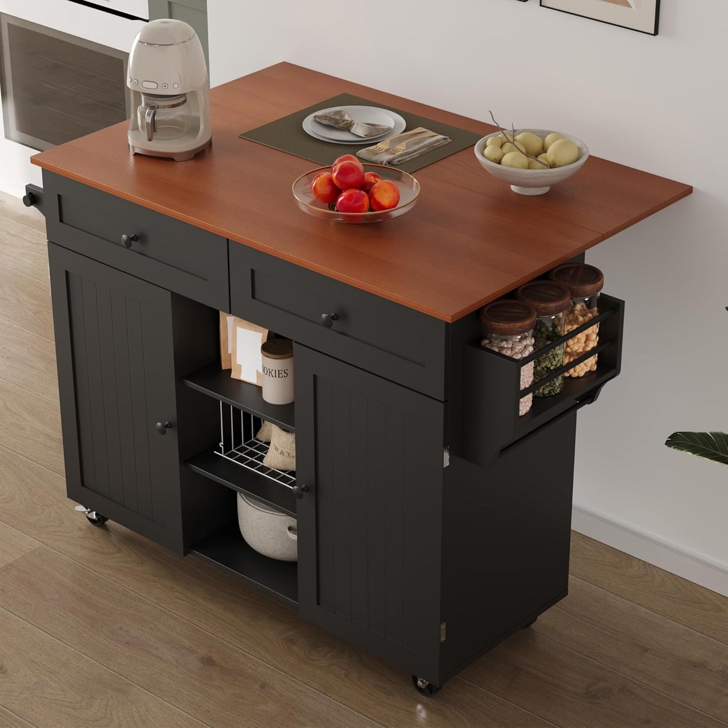 Black rolling kitchen island cart with drop leaf and 2 drawers, view 8