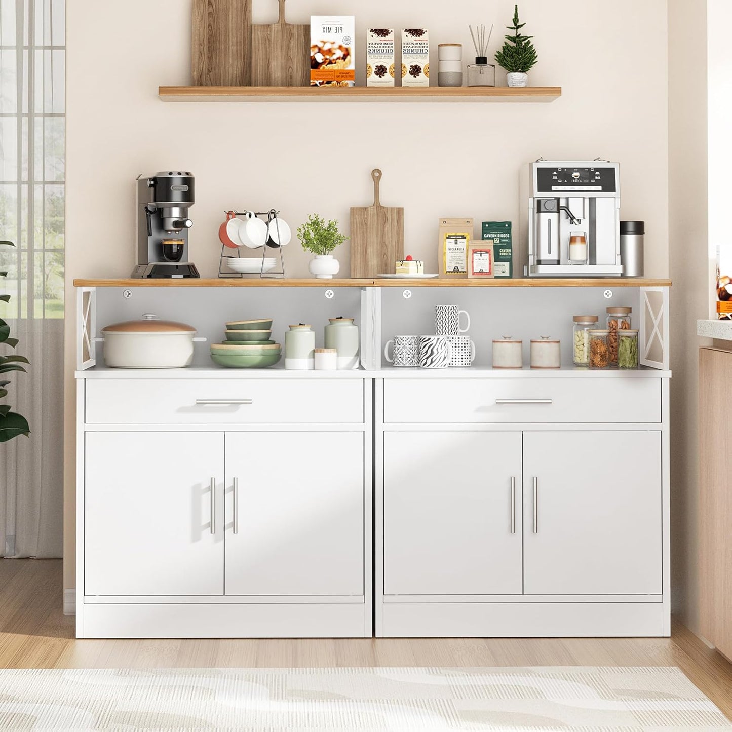 Kitchen Buffet Cabinet with Adjustable Shelf, Modern Kitchen Storage Cabinet,Farmhouse Coffee Bar Cabinet(White)