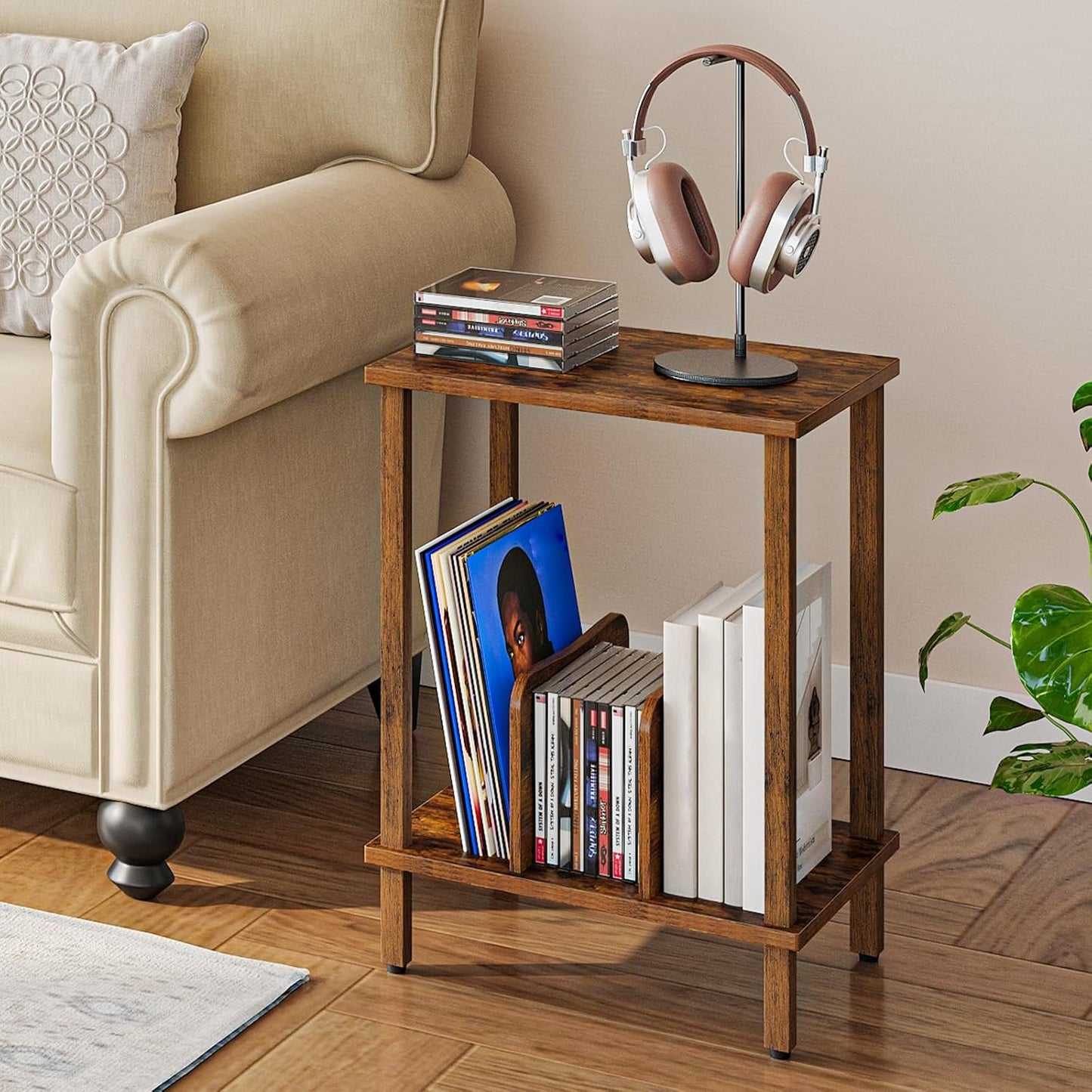 Record Player Stand, 2-Tier End Table, Vinyl Record Turntable Stand with Storage up to 100 Albums, Small Side Table for Living Room, Bedroom, Rustic Brown, FG05RS01