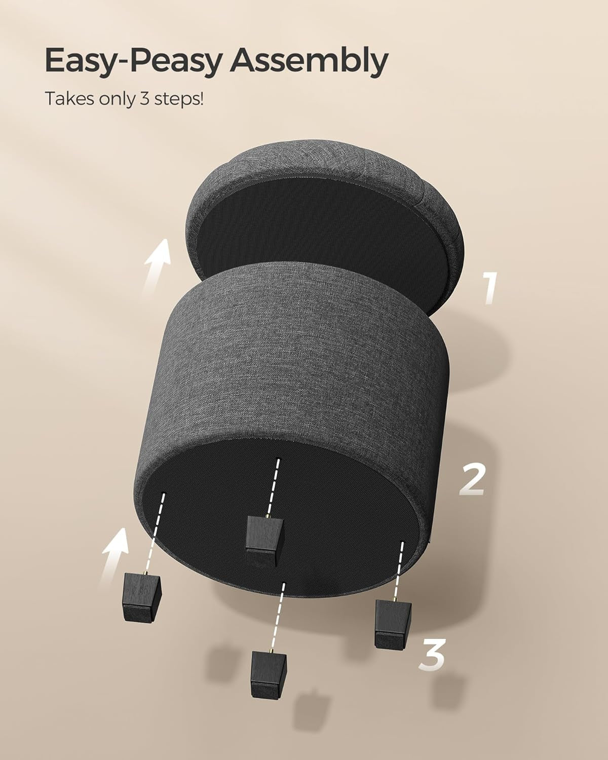 Dark gray round storage ottoman with legs, view 8