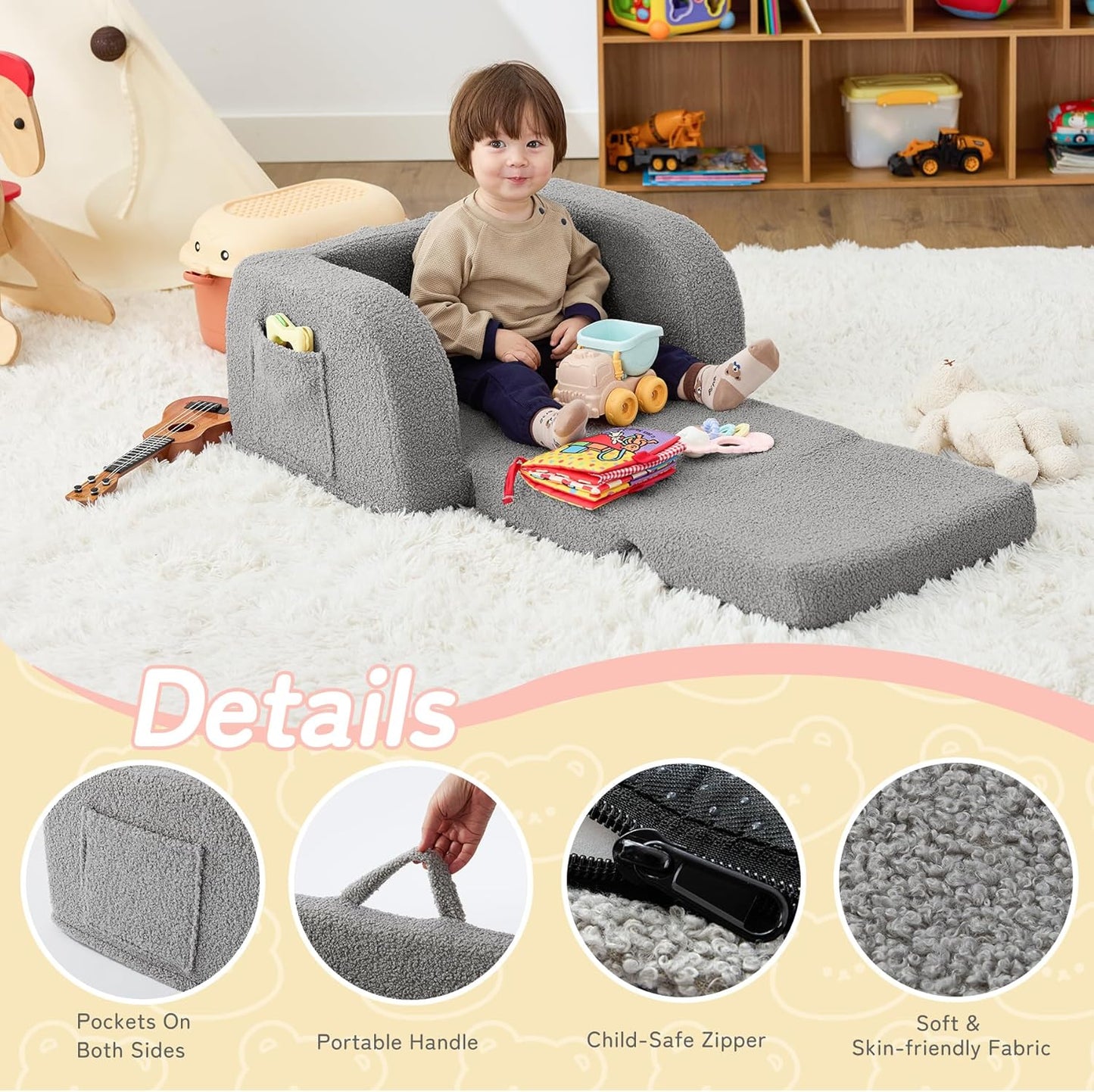 Kids Couch, 2-In-1 Toddler Chairs Comfy 1-3 Years Old, Toddler Couches That Fold Out, Toddlers Sofa for Girls and Boys, Convertible Kids Sofa to Lounge Chair for Playing, Reading, Napping, Grey