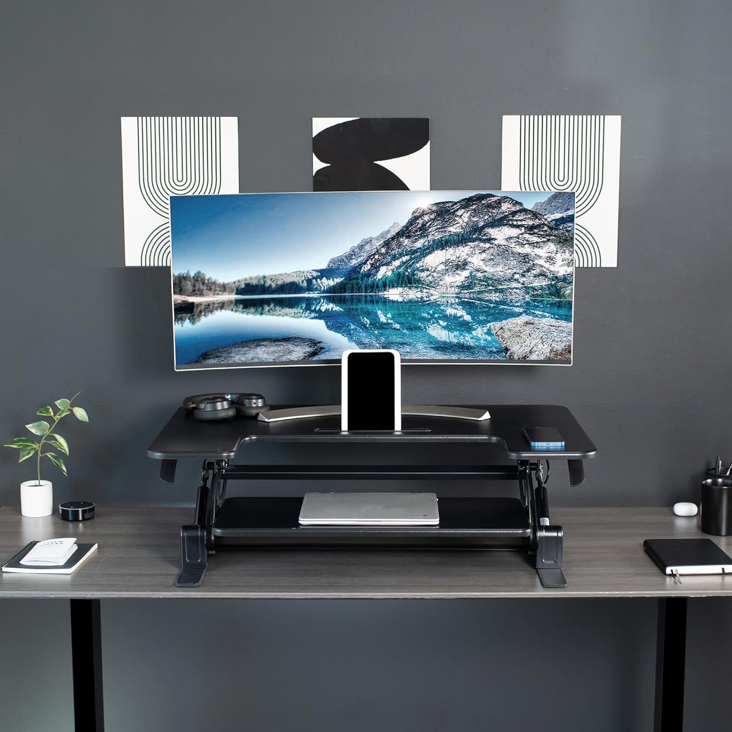 36 Inch Height Adjustable Stand up Desk Converter, V Series, Quick Sit to Stand Tabletop Dual Monitor Riser Workstation, Black, DESK-V000V
