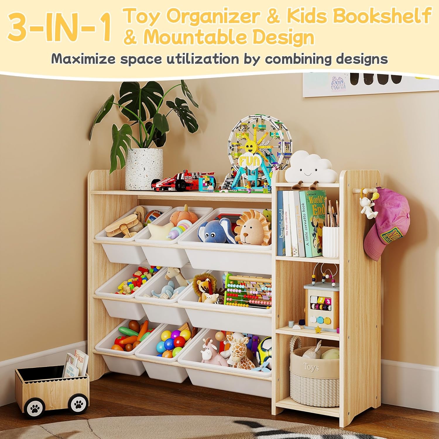 Kids Toy Storage Organizer, Wooden Shelf with 3 Tiers and 9 Storage Bins, Nursery Room Organizer for Books and Toys, White and Natural Wood