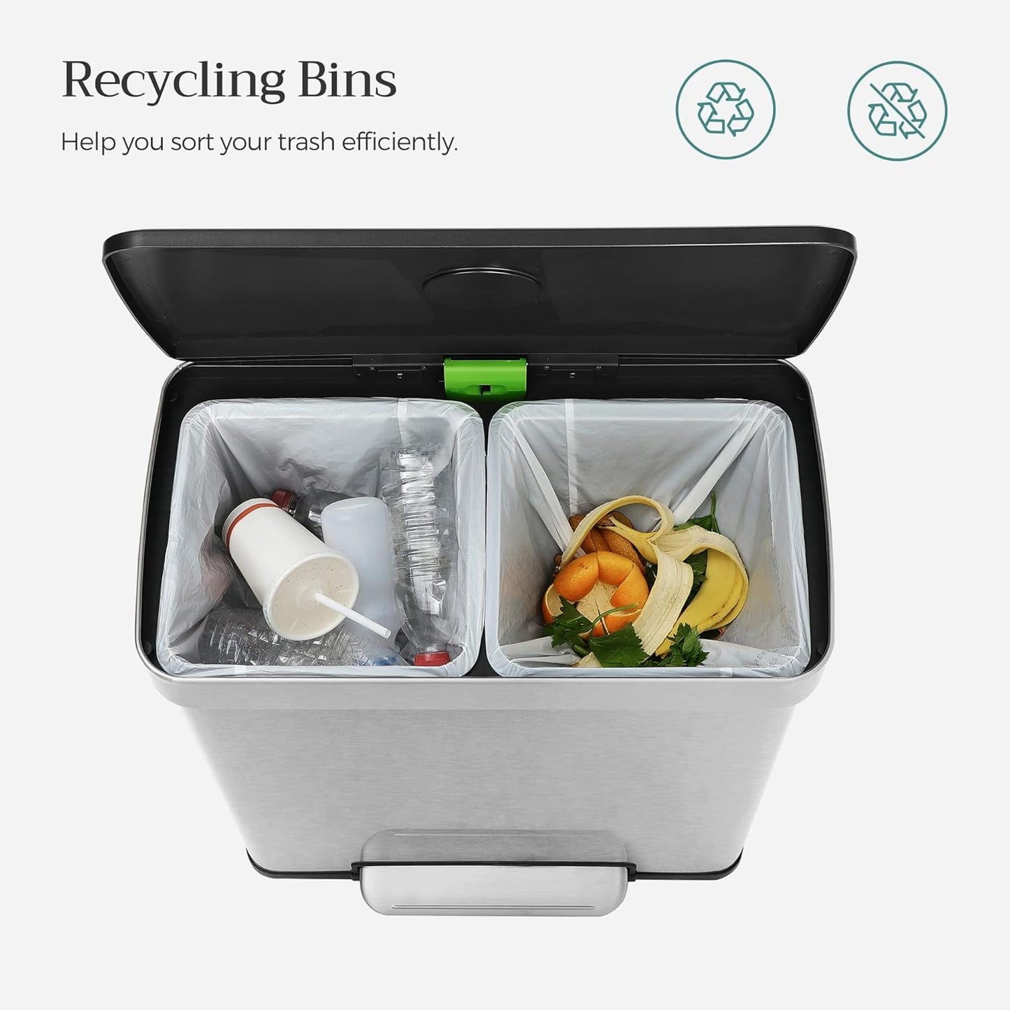 Kitchen Trash Can, 16 Gallon (2 X 8 Gallon) Dual Compartment Garbage Can, 60L Pedal Recycling Bin, Stays Open and Soft Close, Stainless Steel, 15 Bags Included, Metallic Silver ULTB202E01