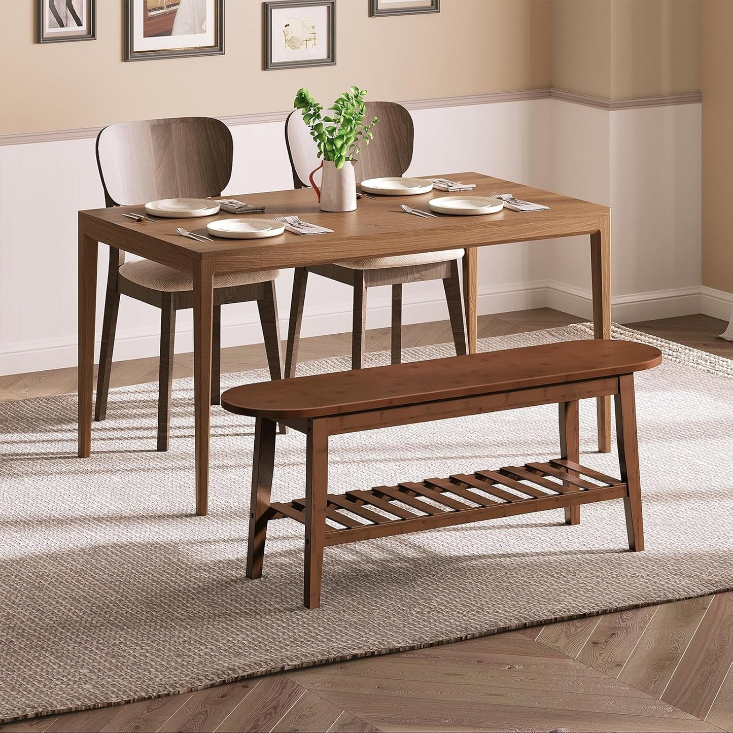 Dining Bench, 2-Tier Bamboo Farmhouse Entryway Bench, Indoor Storage Wooden Bench for Living Room, Dining Room, Hallway, Bedroom, Entryway, Bathroom, Brown BR06CD01