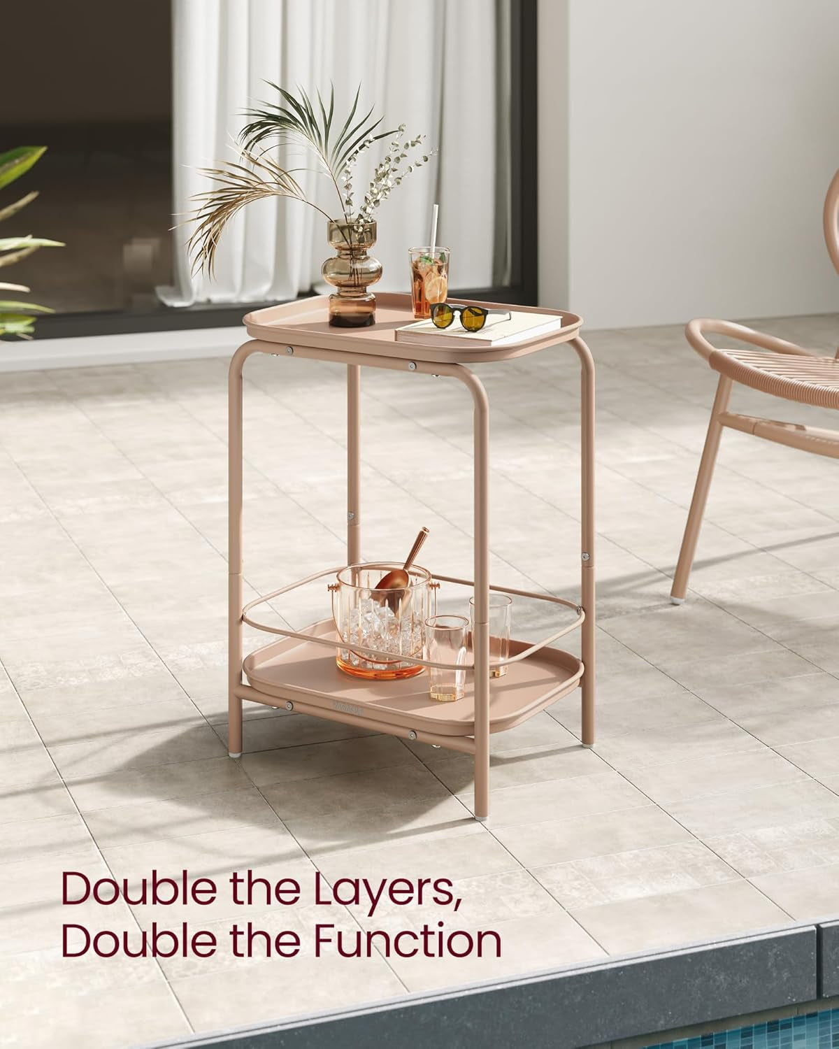 2-Tier Outdoor Table, Small Side End Table with Tray Storage, Bedside Nightstand for Living Room, Bedroom, Modern Style, Camel Brown ULET243K01