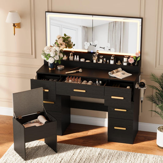 Vanity Desk with Large Mirror and Lights, 45.9In Makeup Vanity Desk, 3 Lighting Modes Adjustable Brightness, Vanity Table with Power Outlet &8 Drawers, for Powder Room and Bedroom