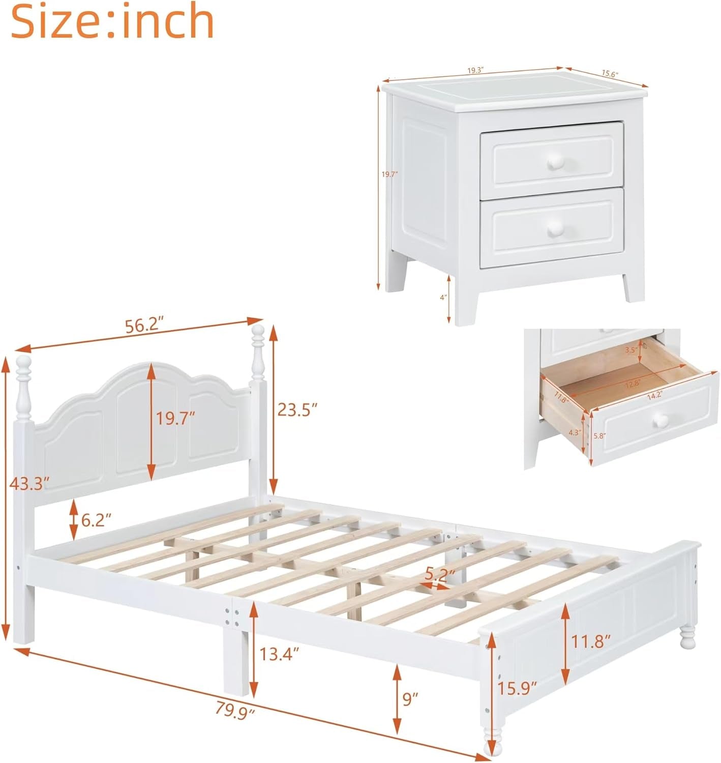 3-Pieces Bedroom Sets,Full Size Wood Platform Bed Frame for Boys Girls Kids Adults Toddler and Two Nightstands-White