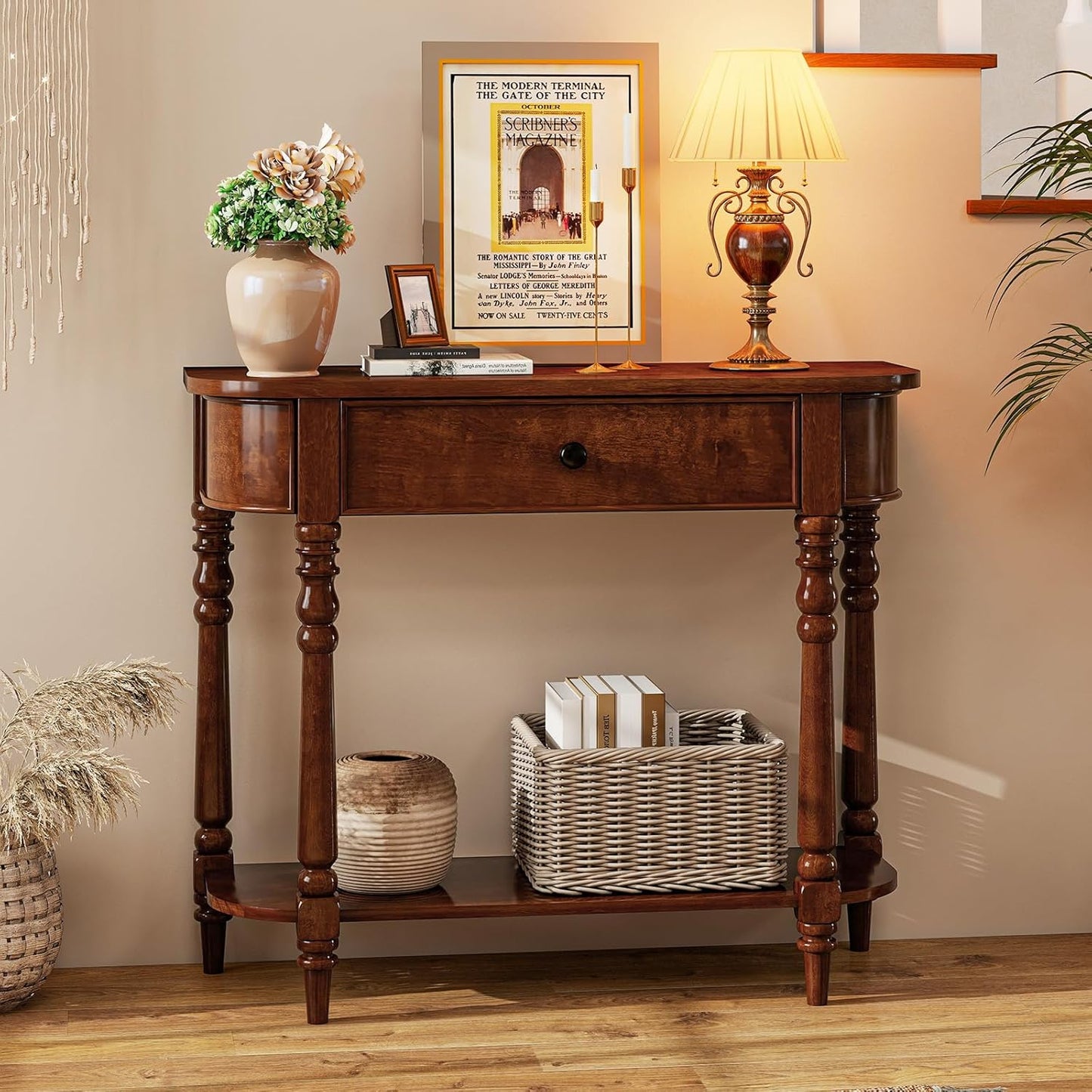 2-Tier Console Table, 36" Retro Entryway Table with Storage Drawer & Elegant Legs, Narrow Wooden Sofa Table with Open Shelf for Living Room, Foyer, Hallway, Bedroom, Entrance (Blue)