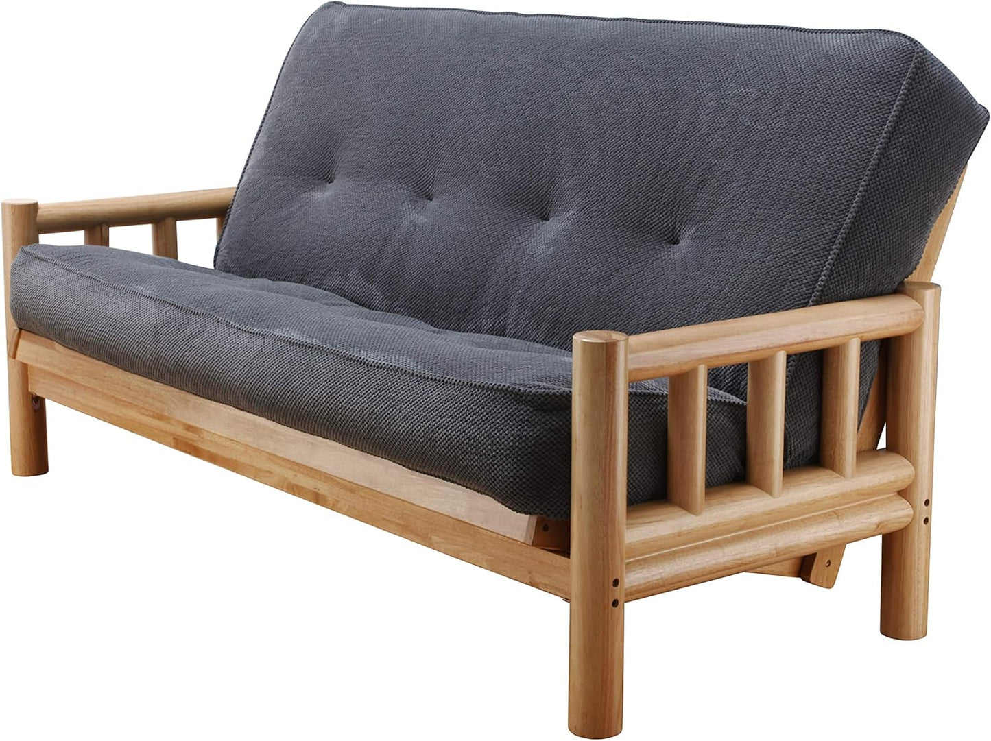 Chalet Complete Futon - Frame and Mattress Set - Log like with Innerspring Full Size Sofa Bed Sleeper (Marmont Thunder)