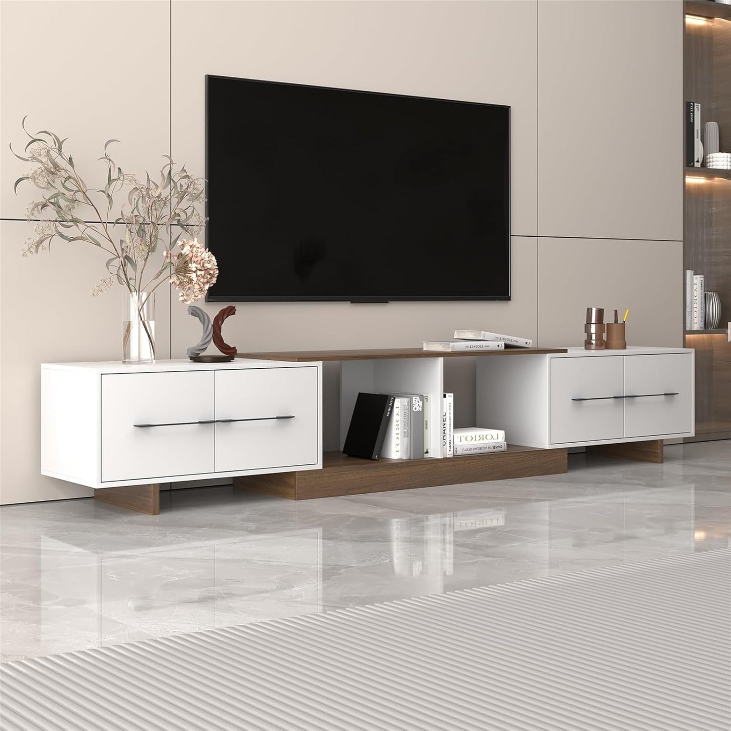 Extendable TV Stand, Modern TV Console for up to 120 Inch TV, Entertainment Center with 4 Large Drawers & Open Shelf, Media Console for Living Room - White & Walnut (Extendable 74.80"-102.36")