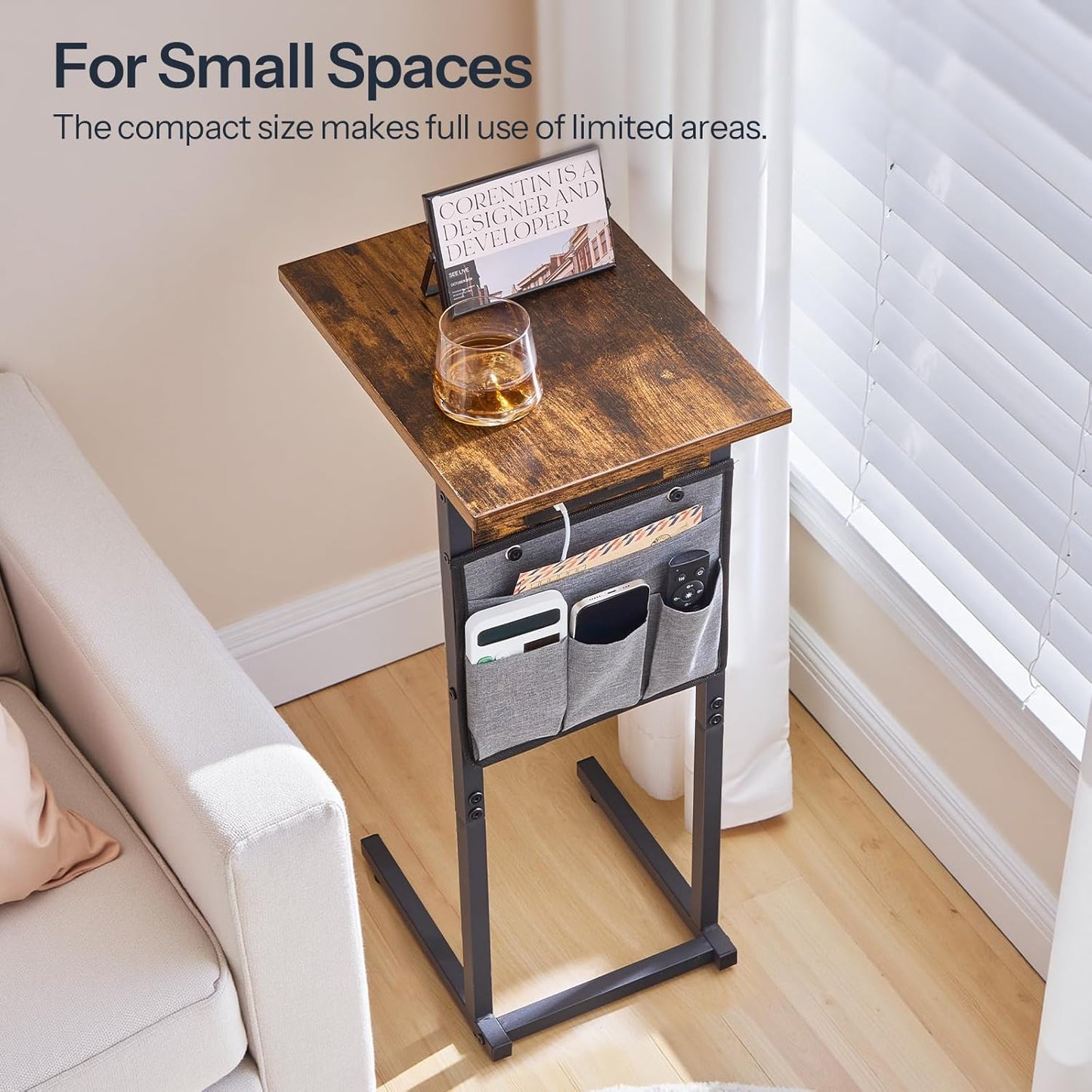 C Shaped Side Table with Charging Station, Slide under Couch Table, 27.8" Tall Side Table for Sofa Arm with Fabric Storage Pocket, for Living Room, Bedroom, Greige BG73USF01