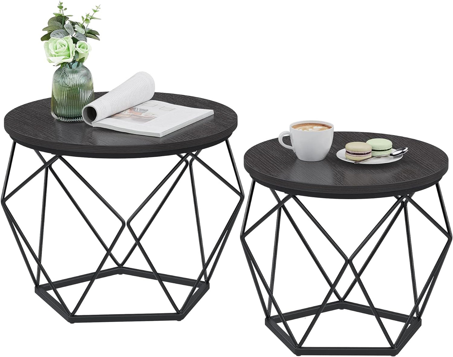 Small Coffee Table Set of 2, round Coffee Table with Steel Frame, Side End Table for Living Room, Bedroom, Office, Charcoal Gray and Ink Black