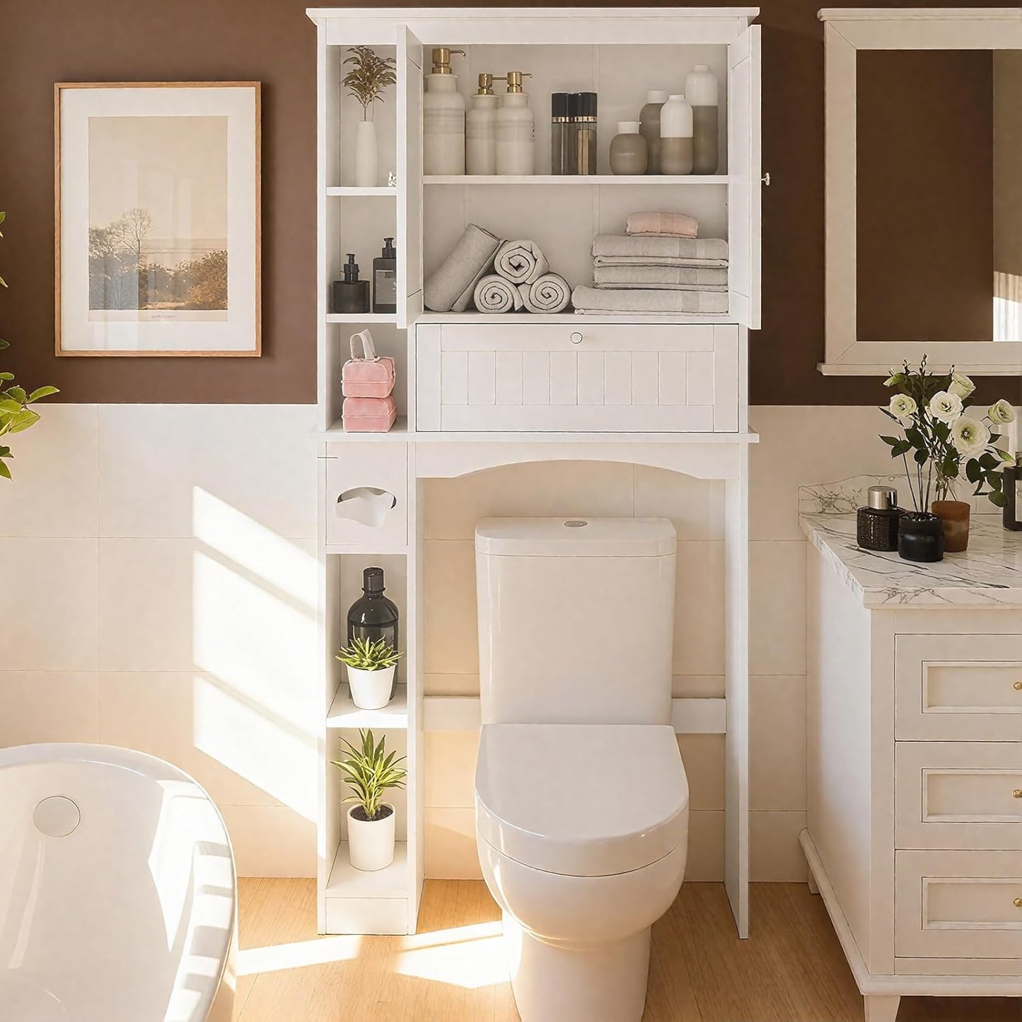 over the Toilet Storage Cabinet, 31.5''W Freestanding Space Saver with Doors, Adjustable Shelf & Toilet Paper Holder, over Toilet Bathroom Organizer for Laundry, Restroom, White