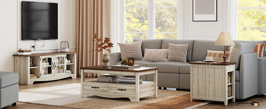 Living Room Table Sets 4 Piece with TV Stand, Farmhouse TV Stand for 65 Inch TV, Coffee Table with Drawers, Two End Table with Charging Station, Washed Gray