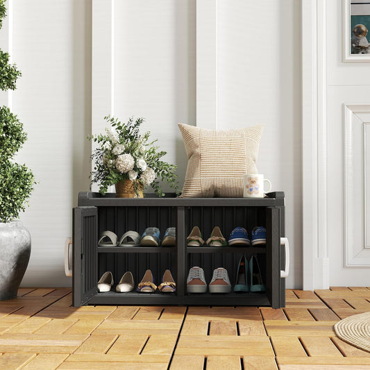 2-Tier Storage Bench, Waterproof Uv-Resistant Outdoor Shoe Storage Cabinet with 2 Doors & Adjustable Shelves for Indoor Outdoor Entryway, Hallway, Living Room (Black)
