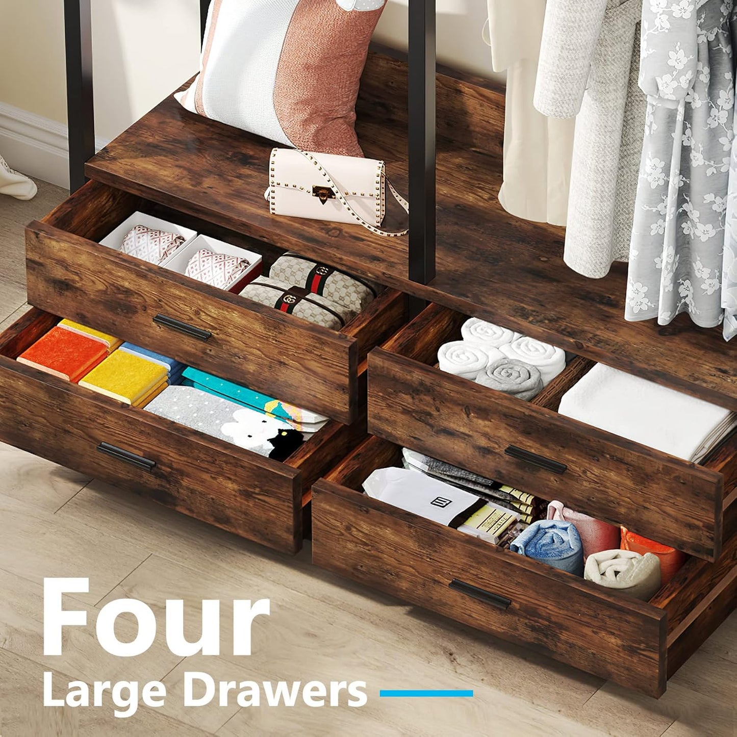 Freestanding Closet Organizer for Hanging Clothes, Heavy Duty Garment Rack with 4 Drawers, 8 Hooks and Storage Shelves, Wardrobe Closet Clothing Rack for Bedroom, Living Room, Rustic Brown