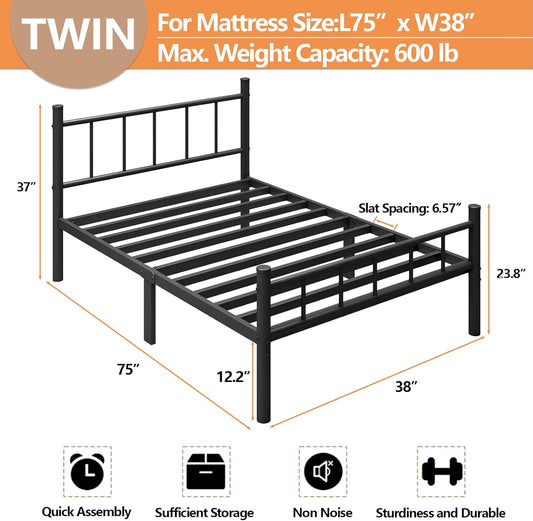 Twin Size Metal Bed Frame with Headboard & Footboard 14 Inch Metal Platform Mattress Foundation Support with Steel Slat, under Bed Storage, No Box Spring Needed