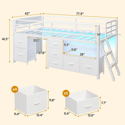 Low Loft Bed Twin Size with 7 Storage Drawers, Bookcase and LED Lights, Metal Kids Loft Bed with 14" H Safety Guardrail,Inclined Ladder and Play Curtain, Under-Bed Play Space, White