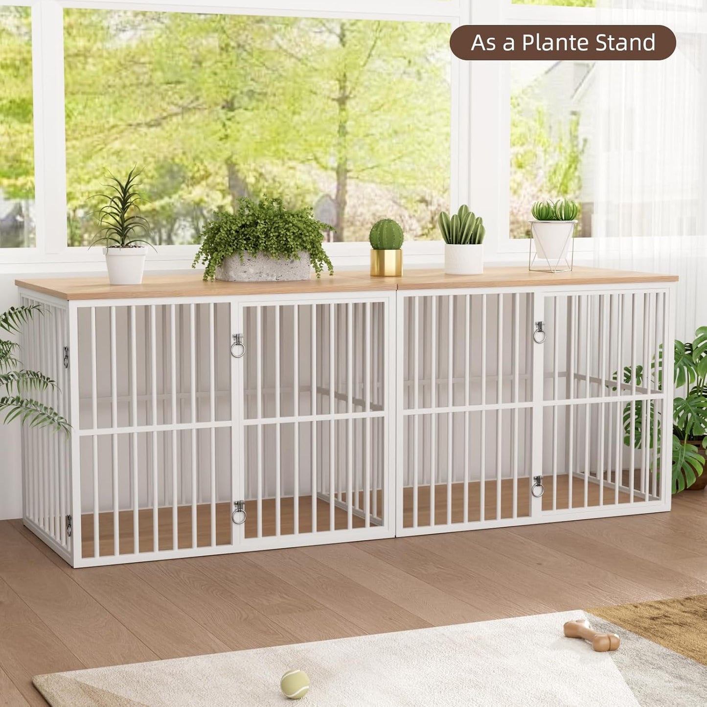 86.7" Double Dog Crate Furniture for 2 Large Dogs, Heavy Duty Wooden Dog Kennel with Removable Divider, XXL Dog Cage TV Stand End Table with 4 Doors, Double Locks for Each Door, White/Natural