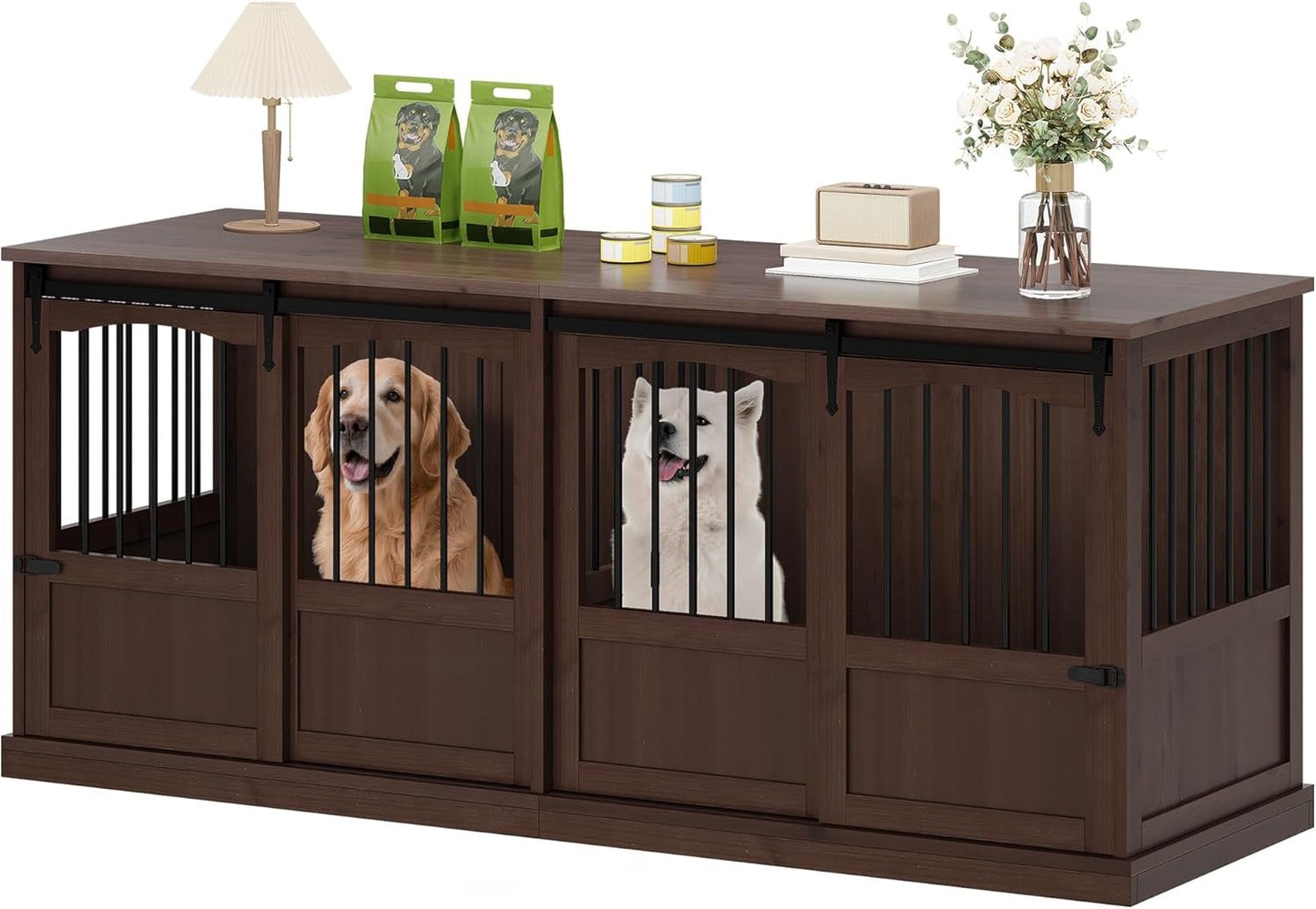 70.86" Double Dog Crate Furniture for 2 Medium Large Dogs Wooden Heavy Duty Dog Kennel Furniture with 2 Sliding Doors and Divider Decorative Dog Cage TV Stand End Table for Indoor Brown