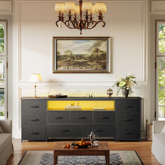 63 Inch TV Stand for 65, 70 Inch TV, 11 Drawer Long Dresser with Power Outlets and LED Lights, Entertainment Center with Storage, Black Dresser with PU Leather Surface