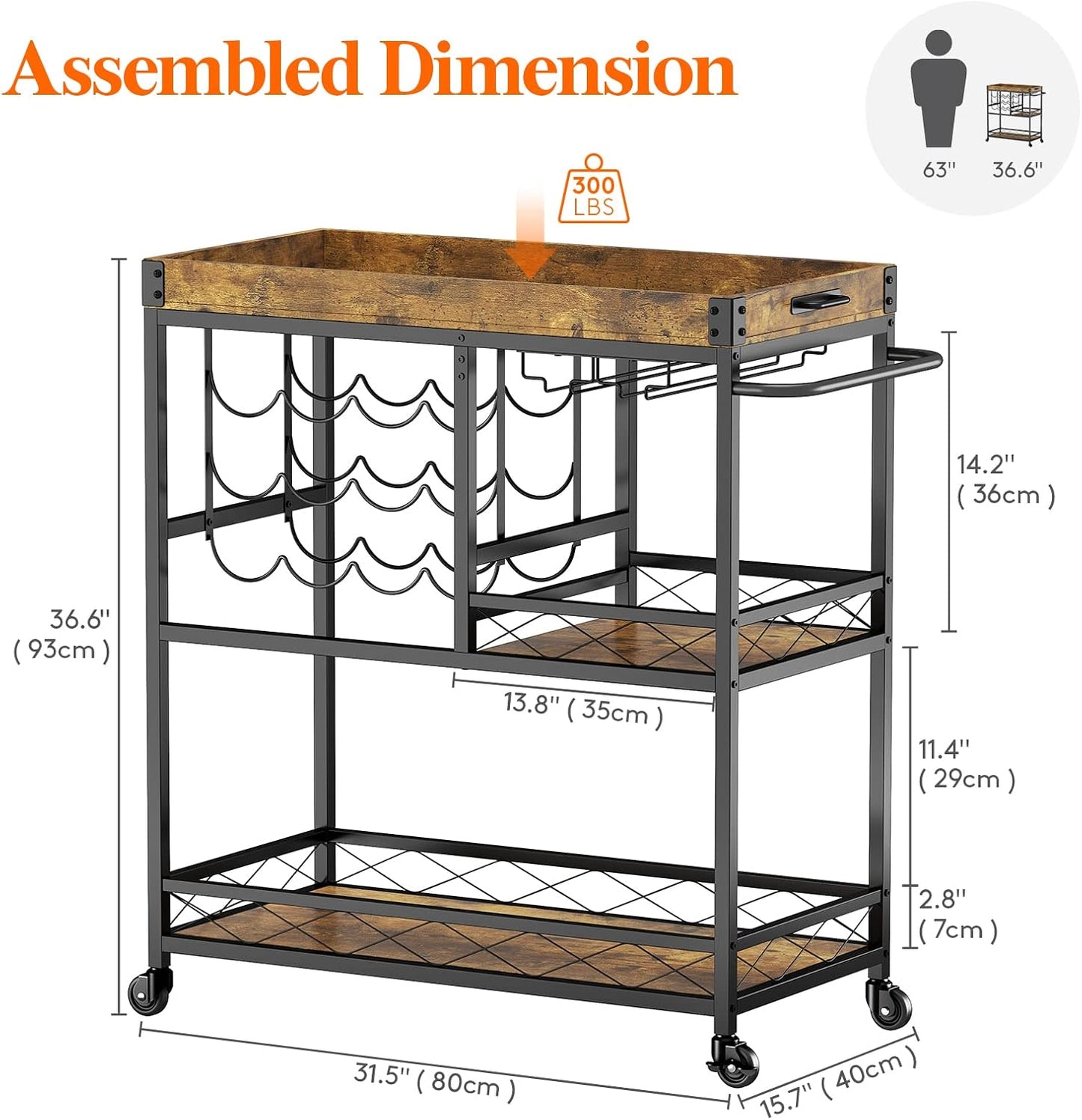 Bar Cart, Home Bar Serving Cart, 3 Tier Drink Cart with 12 Wine Bottle Racks, Liquor Beverage Cart for Kitchen Dining Livingroom, 31.5" X 15.7" X 36.6", Removable Top Tray, Rustic Brown