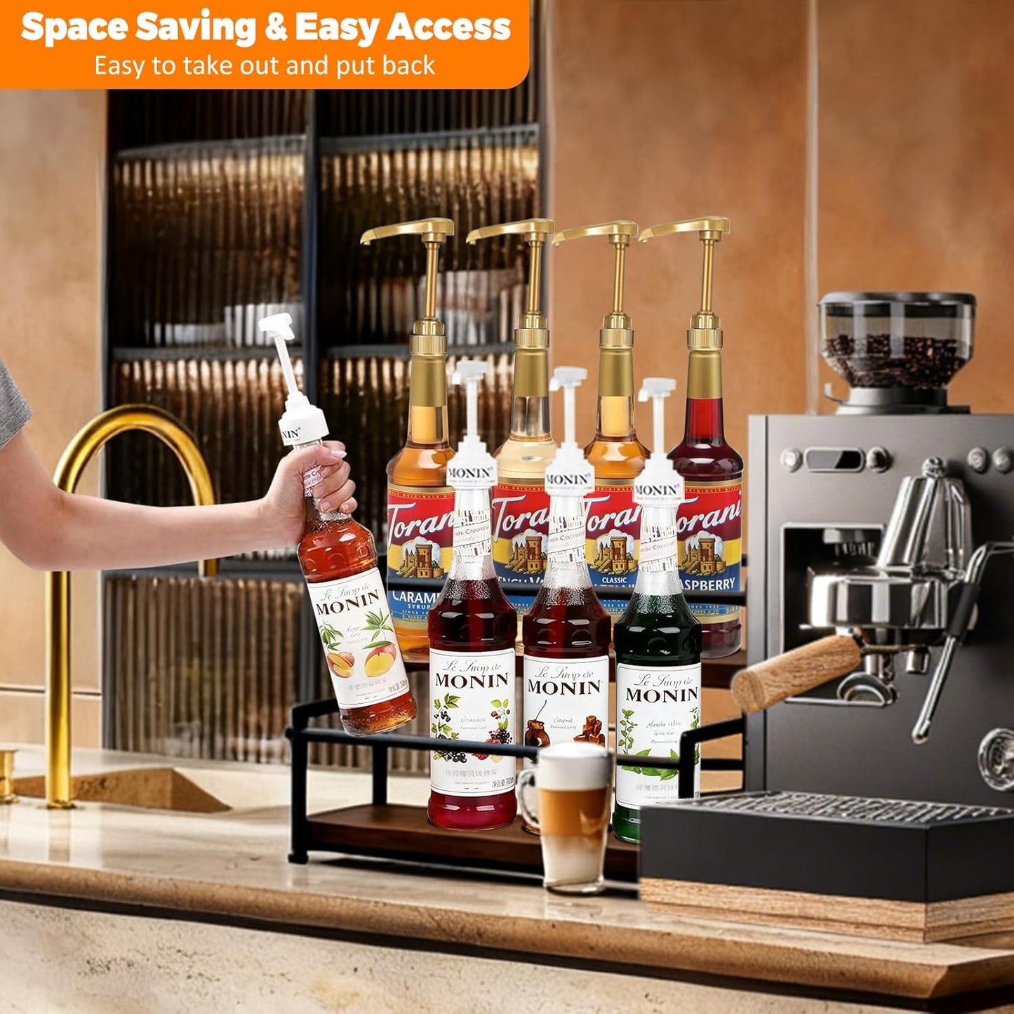 Coffee Syrup Rack - 3-Tier 12 Syrup Bottles Holder - Liquor Bottle Display Shelf - Kitchen Cabinet Organizer for Jars, Condiments - Wooden Countertop Organizer for Seasonings, Tea, or Coffee