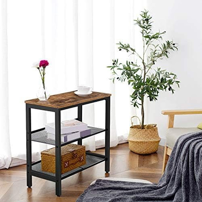 End Table, 3-Tier Narrow Side Table, Nightstand with 2 Flat or Slant Adjustable Shelves for Small Spaces, Hallway, Living Room, Bedroom, Sturdy, Easy Assembly, Rustic Brown and Black BF23BZ01G1