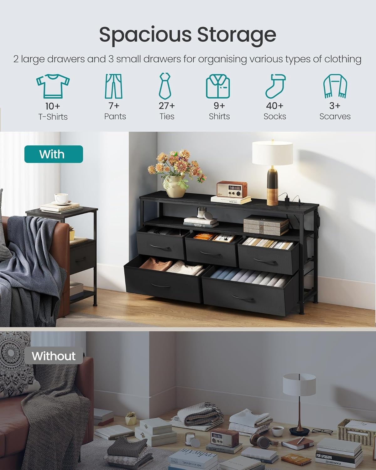 Ink black dresser with app-controlled LED lights and charging station, view 6