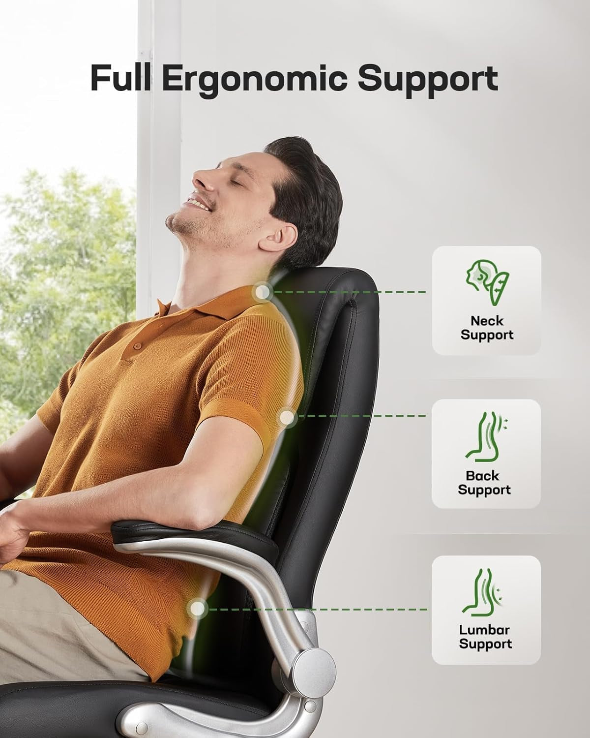 Ergonomic Pu-Leather Office Chair: 5 Settings Lumbar Support, Executive Office Chair Height Adjustable with Padded Flip-Up Arms, Executive Desk Chair for Working Study-Black