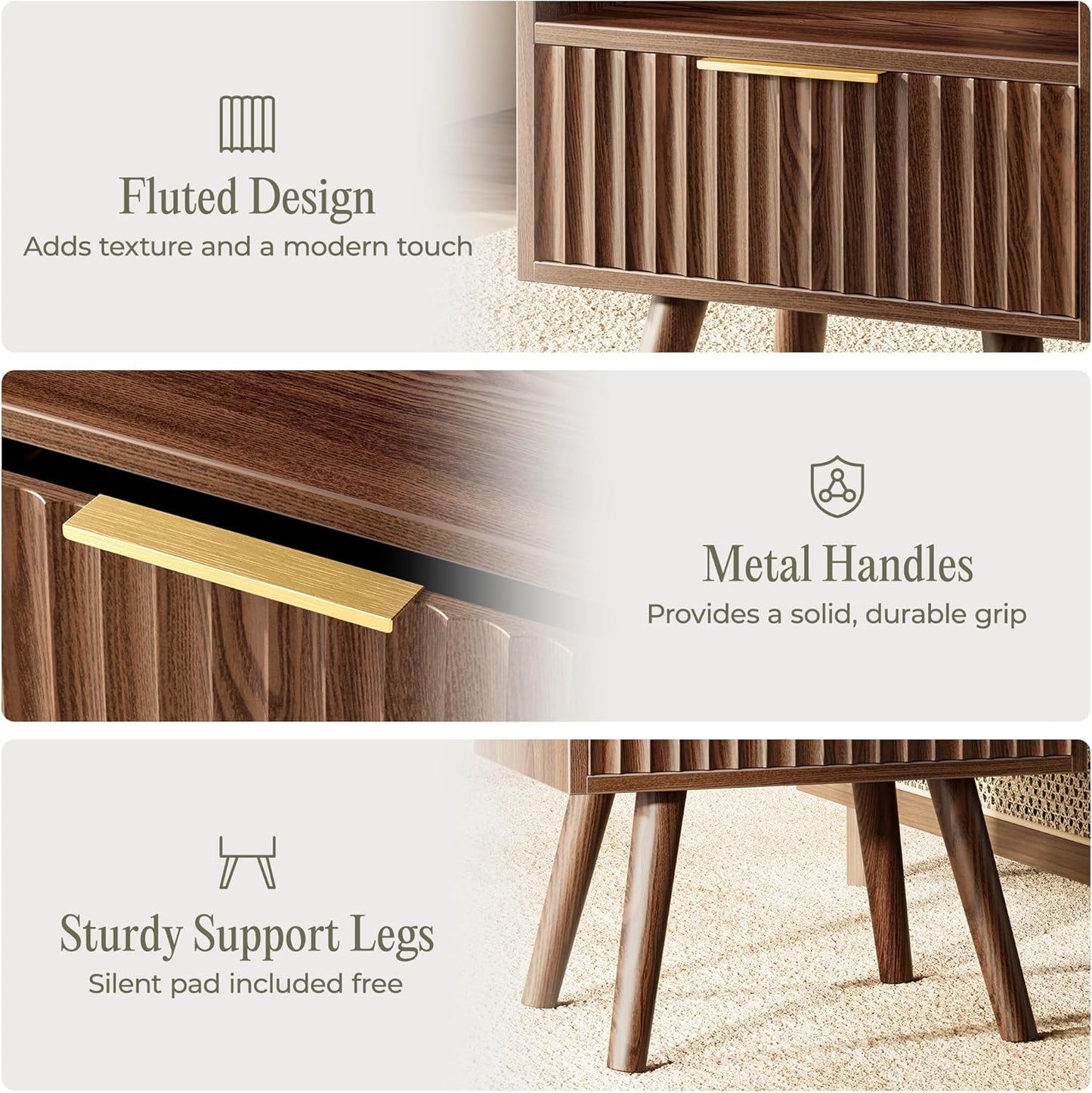 Set of two walnut fluted nightstands with charging stations, view 9