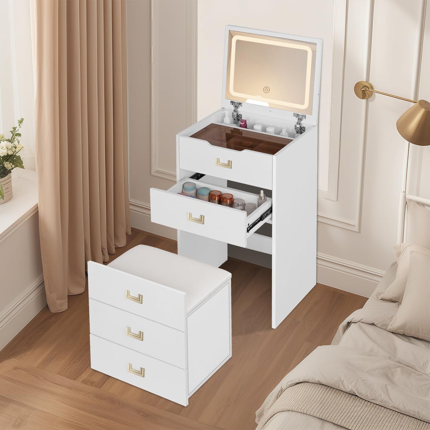 3-In-1 Corner Vanity Desk & Nightstand Combo with Flip-Up Mirror and Rolling Stool, Glass Top Makeup Dressing Table with Hidden Storage Drawers for Small Bedroom Spaces