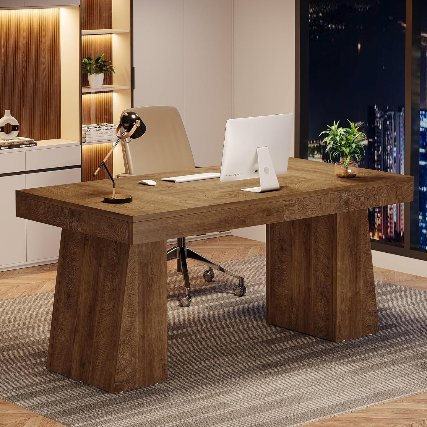 55 Inches Executive Desk, Mid-Century Modern Home Office Desk, Wood Computer Table Business Workstation Small Conference Table, Light Brown