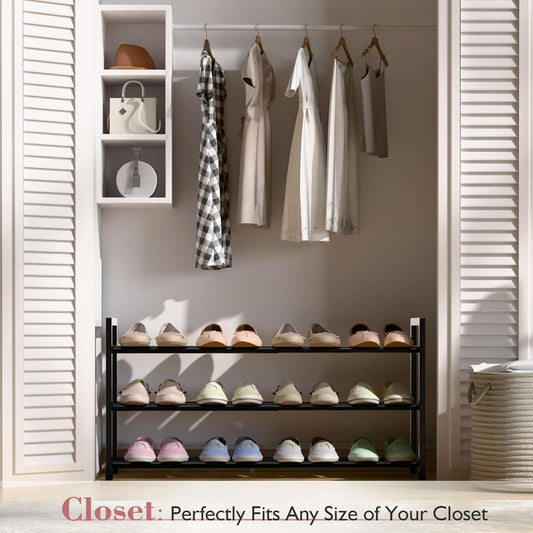 3-Tier Expandable Shoe Rack for Closet, 18“-33” Adjustable Shoe Rack for Small Space, Small Shoe Organizer for Front Door, Sturdy Metal, Black