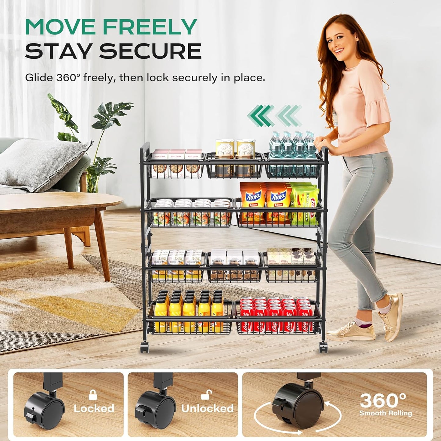 4-Tier Snack Cart with Wheels, 29''W Toy Storage Organizer, Rolling Pantry Storage Cart with 10 Wire Baskets & Handle,Adjustable Metal Snack Rack, Kitchen Organizer for Fruit, Vegetables(Black)
