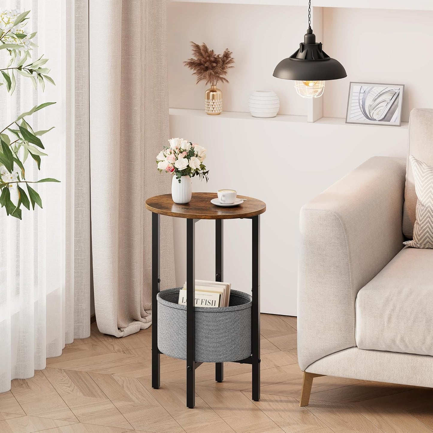 round Side Table End Table with Storage Basket, Small Side Table round Nightstand for Small Spaces, Tall Oval End Table with Steel Frame, Coffee Bedside Table for Living Room Bedroom, Greige