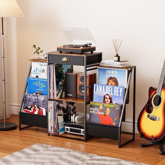 Record Player Stand with Vinyl Storage – Record Table with Holder,6-Bin Vinyl Storage Rack & Drawer, Dual Side Display Shelves,Holds 200+ Albums,Turntable Stand for Living Room,Bedroom (Brown)