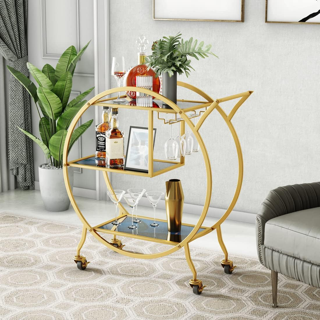 Bar Cart, Upgraded 3 Tier Gold Bar Serving Cart with Glass Holder and Wheels, Metal Handle round Bar Carts for the Home, Kitchen, Living Room