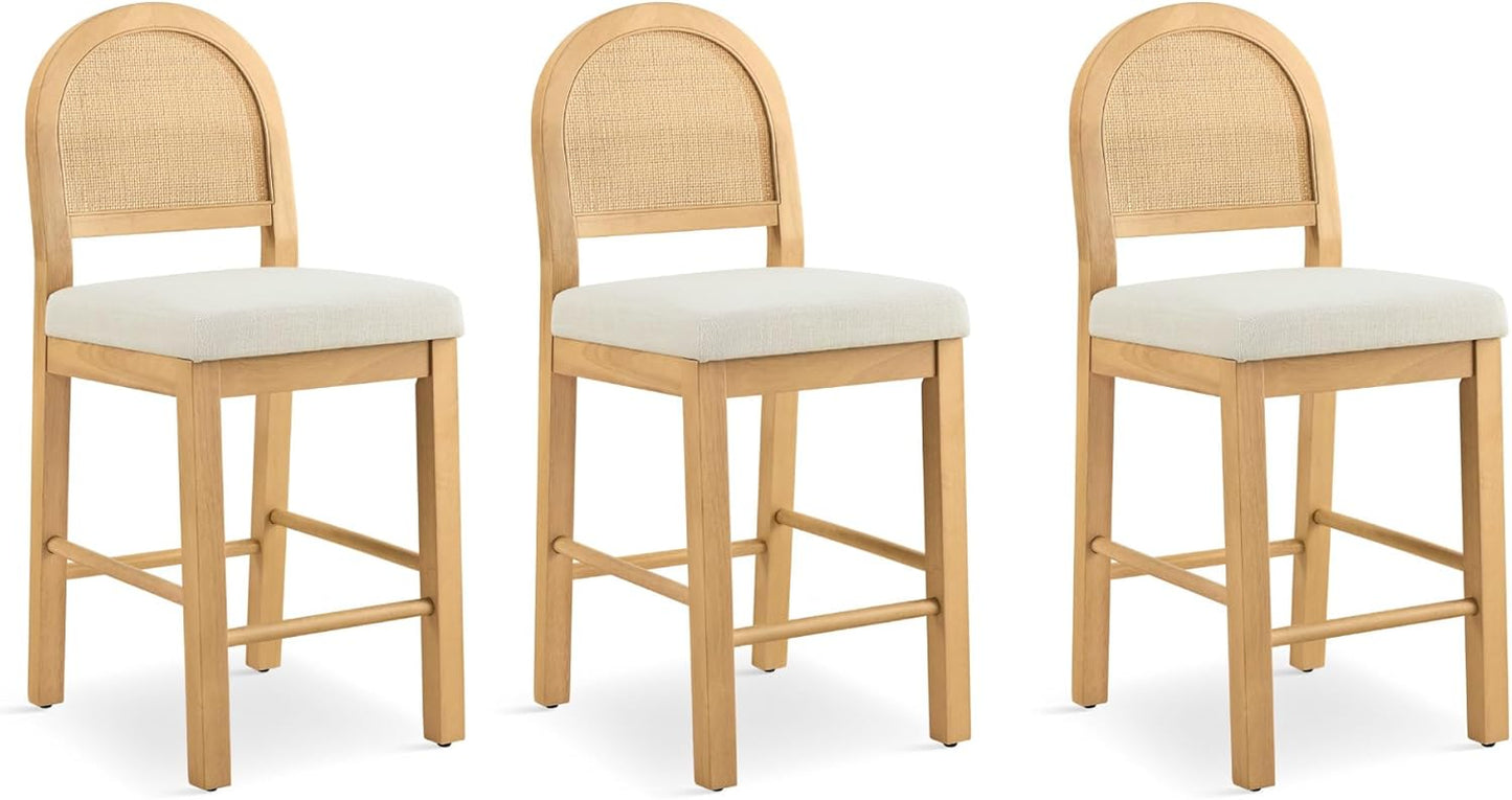Rattan Counter Height Bar Stools Set of 3, Upholstered Farmhouse Barstools with Natural Rattan Back, Wooden Legs for Kitchen Island, Natural/Linen