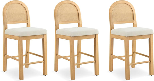 Rattan Counter Height Bar Stools Set of 3, Upholstered Farmhouse Barstools with Natural Rattan Back, Wooden Legs for Kitchen Island, Natural/Linen