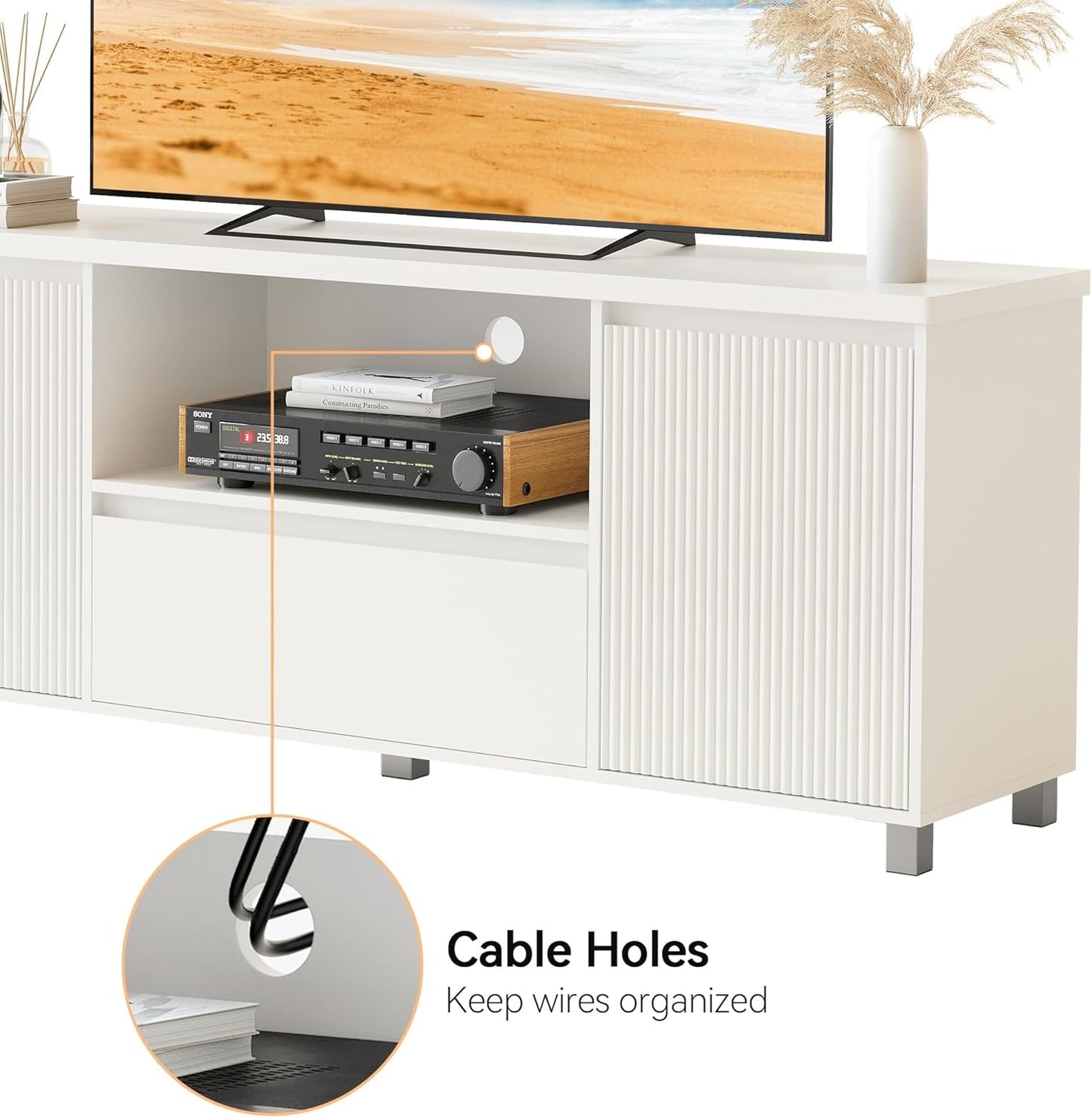 63In TV Stand for Tvs up to 70", Fluted Entertainment Center with Storage Drawer and Open Shelves, Modern TV Console Media Cabinet for Living Room, Bedroom, White