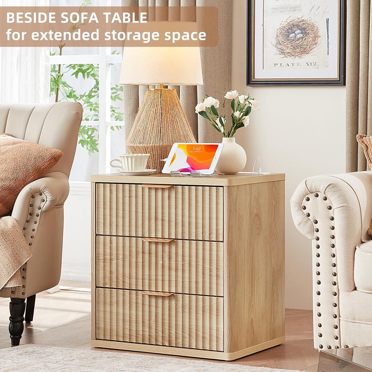 23" Wide Fluted Farmhouse Night Stand Set of 2 with Charging Station, 3 Drawers Large End Table W/Metal Handle, Natural Nightstand Bedside Table,Wood Dresser for Bedroom, Closet