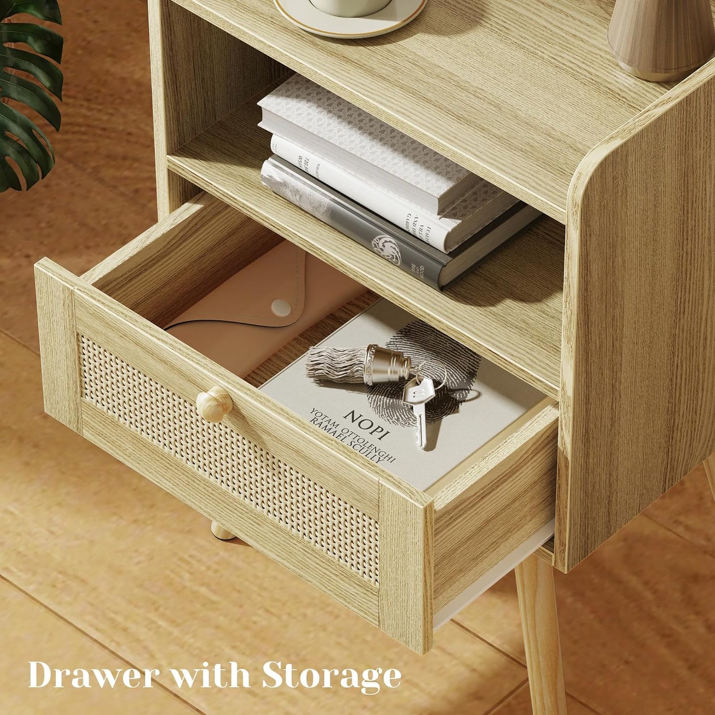 Nightstands Set of 2, Night Stands with Charging Station & PE Rattan Decor Drawer, Bed Side Tables with Solid Wood Feet, End Table, for Bedroom, Living Room - Natural