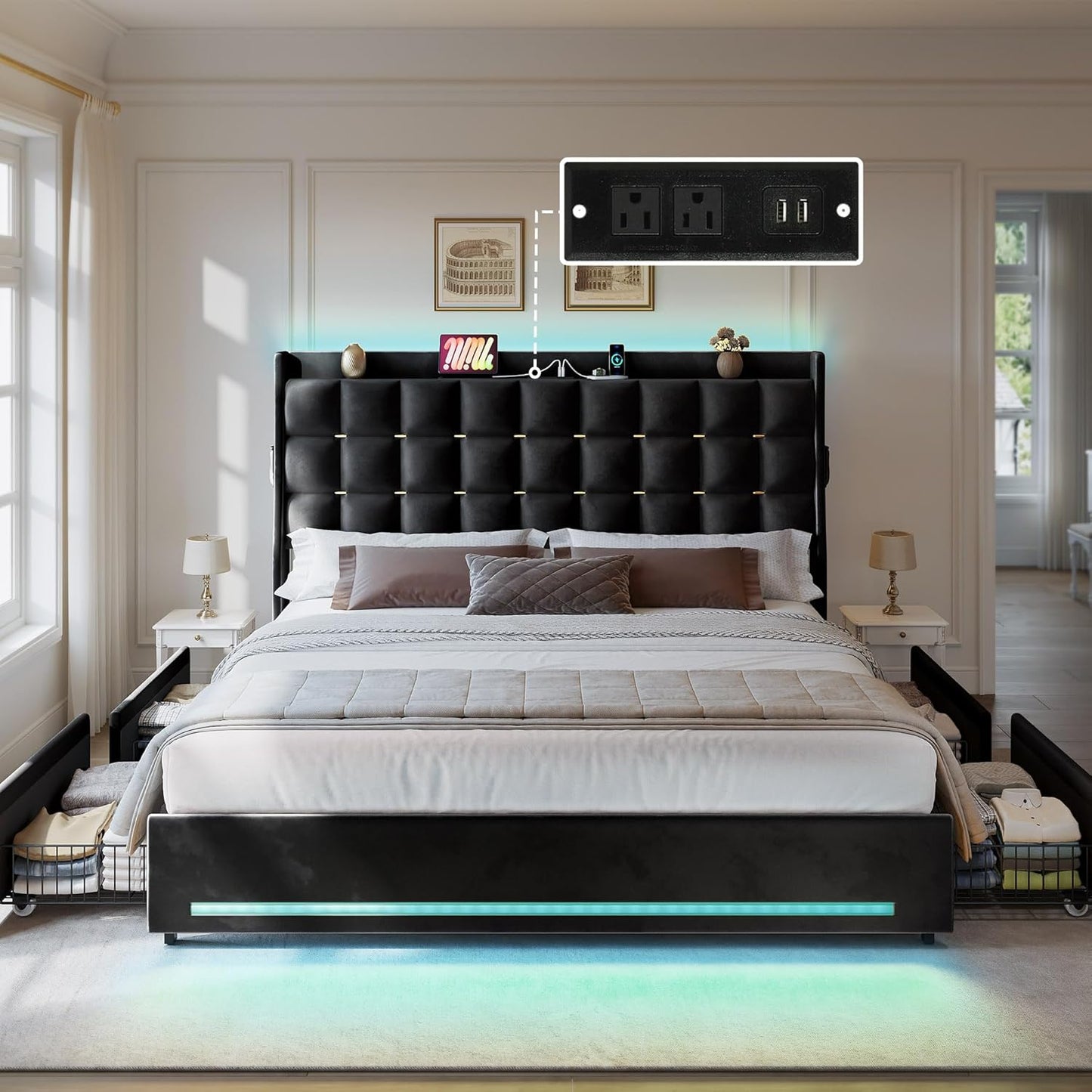 Queen Size Bed Frame with 4 Drawers and RGB LED Lights, Velvet Upholstered Platform Bed with Charging Station and Storage Headboard, No Box Spring Needed, Easy Assembly, Noise-Free, Black