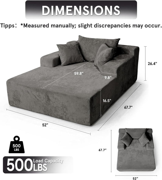 Chaise Lounge with Armrests, Oversized Sofa Bed with 3 Pillows, Cozy Boneless Couch, Sleeper Reading Chair for Living Room Bedroom, Floor Sofa Chenille, Furniture Sala, Black Onyx
